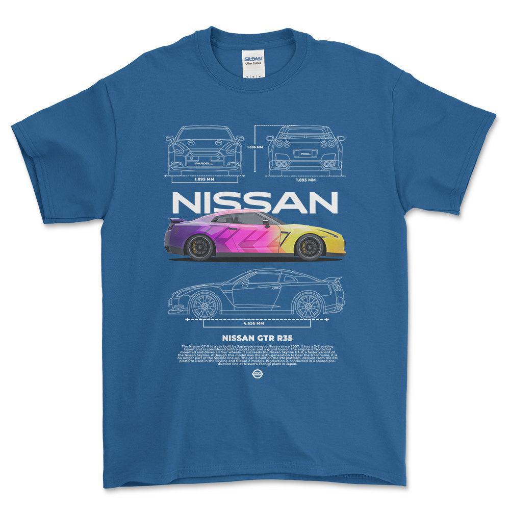 Nissan GTR R35 - Unisex T-Shirt , Bomuld-Beklædning-Nissan-Blå Royal-S-Forside-Garage Culture Shop- garage - man cave - merchandise
