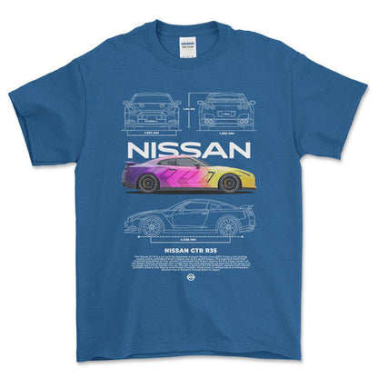 Nissan GTR R35 - Unisex T-Shirt , Bomuld-Beklædning-Nissan-Blå Royal-S-Forside-Garage Culture Shop- garage - man cave - merchandise