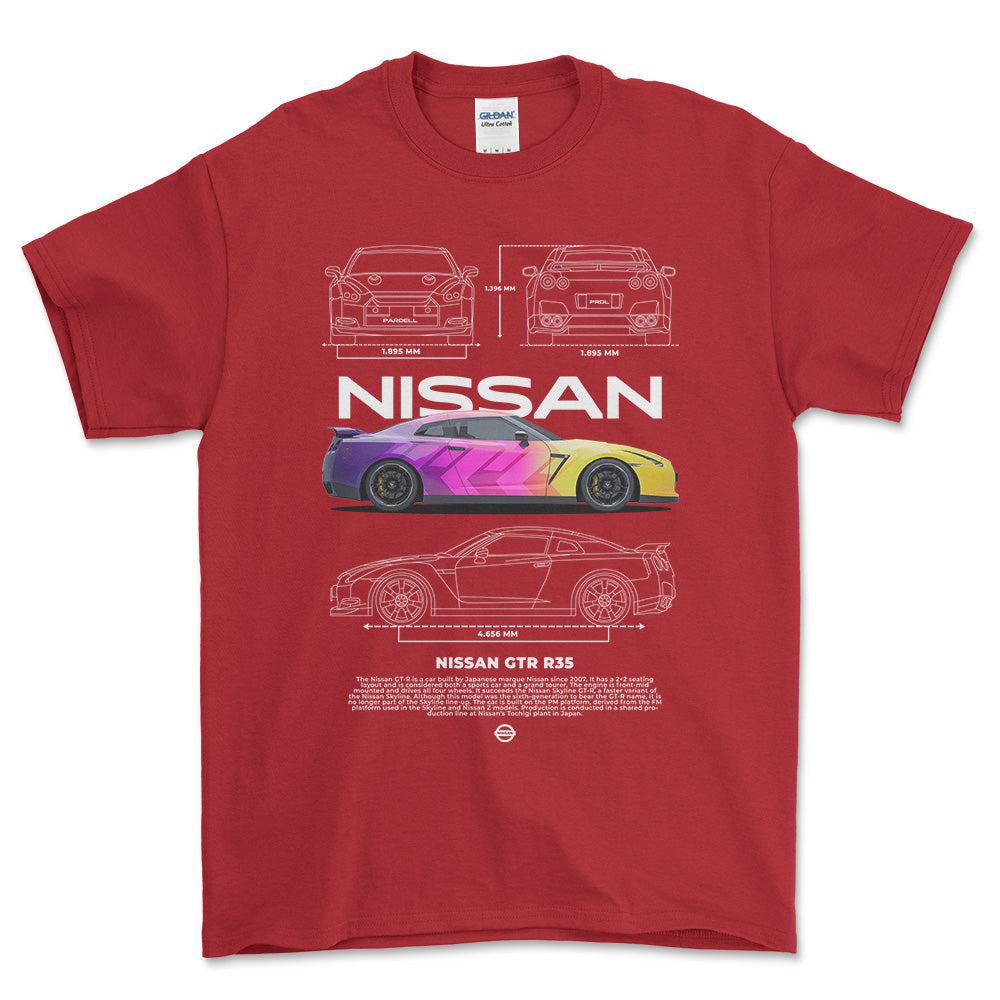 Nissan GTR R35 - Unisex T-Shirt , Bomuld-Beklædning-Nissan-Rød-S-Forside-Garage Culture Shop- garage - man cave - merchandise