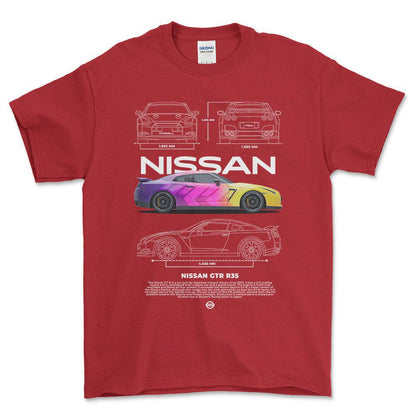Nissan GTR R35 - Unisex T-Shirt , Bomuld-Beklædning-Nissan-Rød-S-Forside-Garage Culture Shop- garage - man cave - merchandise