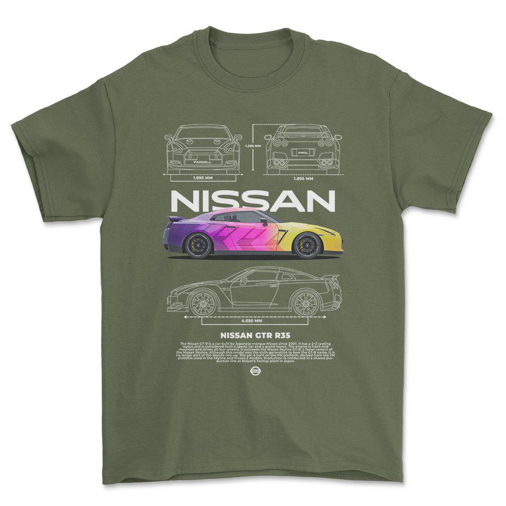 Nissan GTR R35 - Unisex T-Shirt , Bomuld-Beklædning-Nissan-Grøn Militær-S-Forside-Garage Culture Shop- garage - man cave - merchandise