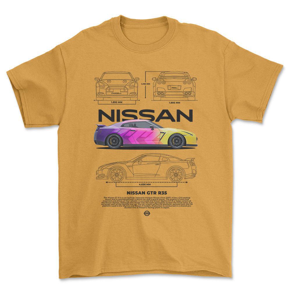 Nissan GTR R35 - Unisex T-Shirt , Bomuld-Beklædning-Nissan-Guld-S-Forside-Garage Culture Shop- garage - man cave - merchandise