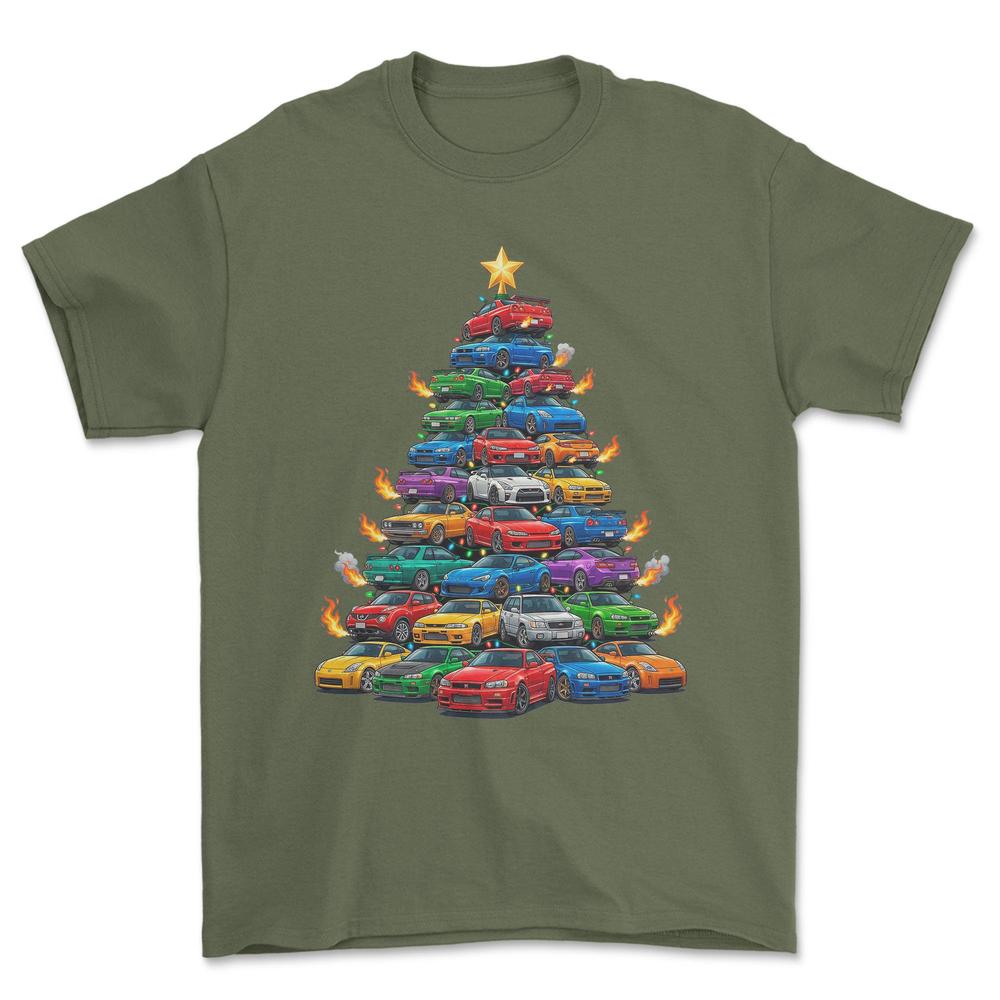 Nissan Juletræ Christmas Tree - Unisex T-Shirt-Beklædning-Nissan-Grøn Militær-S-Forside-Garage Culture Shop- garage - man cave - merchandise