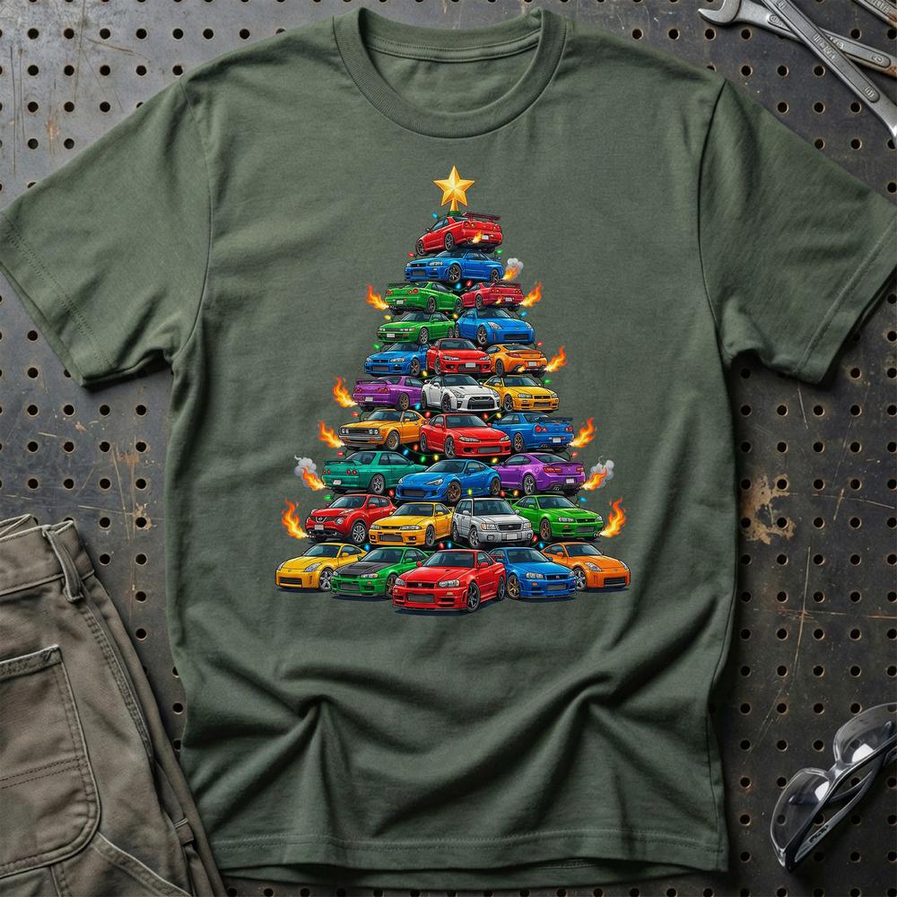 Nissan Juletræ Christmas Tree - Unisex T-Shirt-Beklædning-Nissan-Grøn Militær-S-Garage Culture Shop- garage - man cave - merchandise