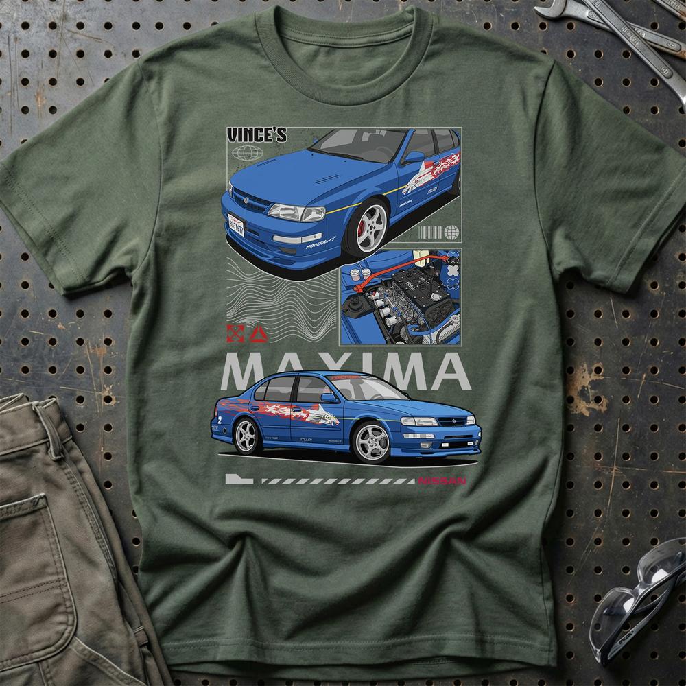 Nissan Maxima Fast And Furios Cars - Unisex T-Shirt-Beklædning-Nissan-Grøn Militær-S-Garage Culture Shop- garage - man cave - merchandise