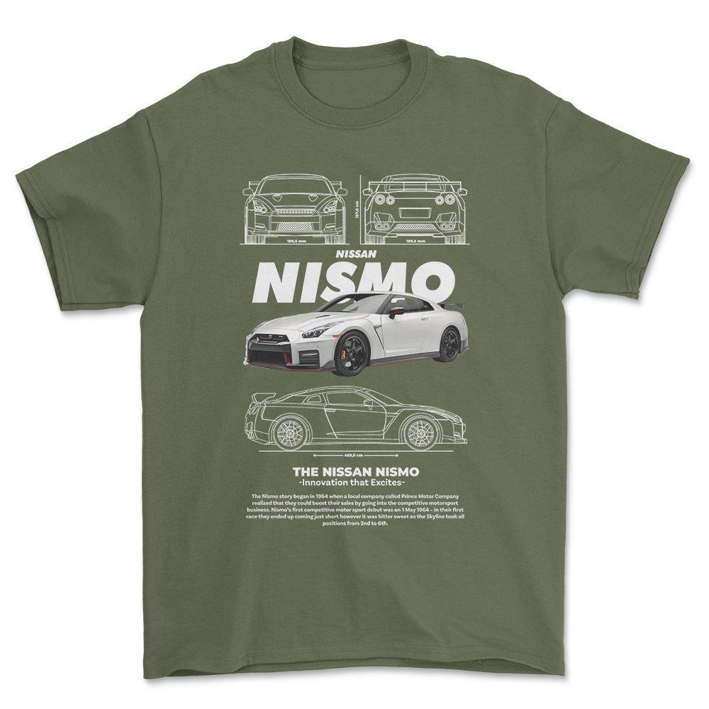 Nissan Nismo - Unisex T-Shirt , Bomuld-Beklædning-Nissan-Grøn Militær-S-Forside-Garage Culture Shop- garage - man cave - merchandise