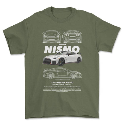 Nissan Nismo - Unisex T-Shirt , Bomuld-Beklædning-Nissan-Grøn Militær-S-Forside-Garage Culture Shop- garage - man cave - merchandise