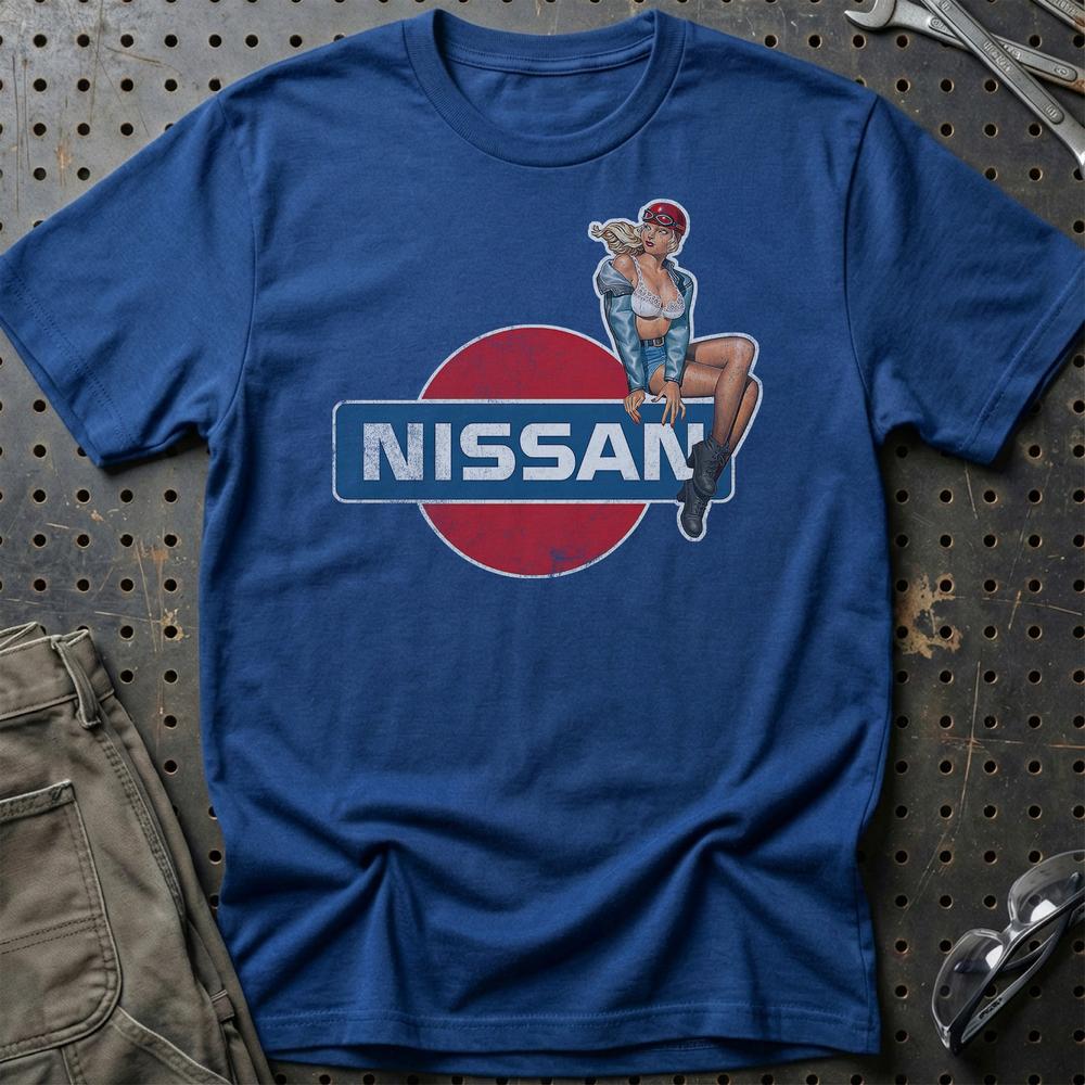 Nissan Pinup T-Shirt-Beklædning-Nissan-Blå Royal-S-Garage Culture Shop- garage - man cave - merchandise