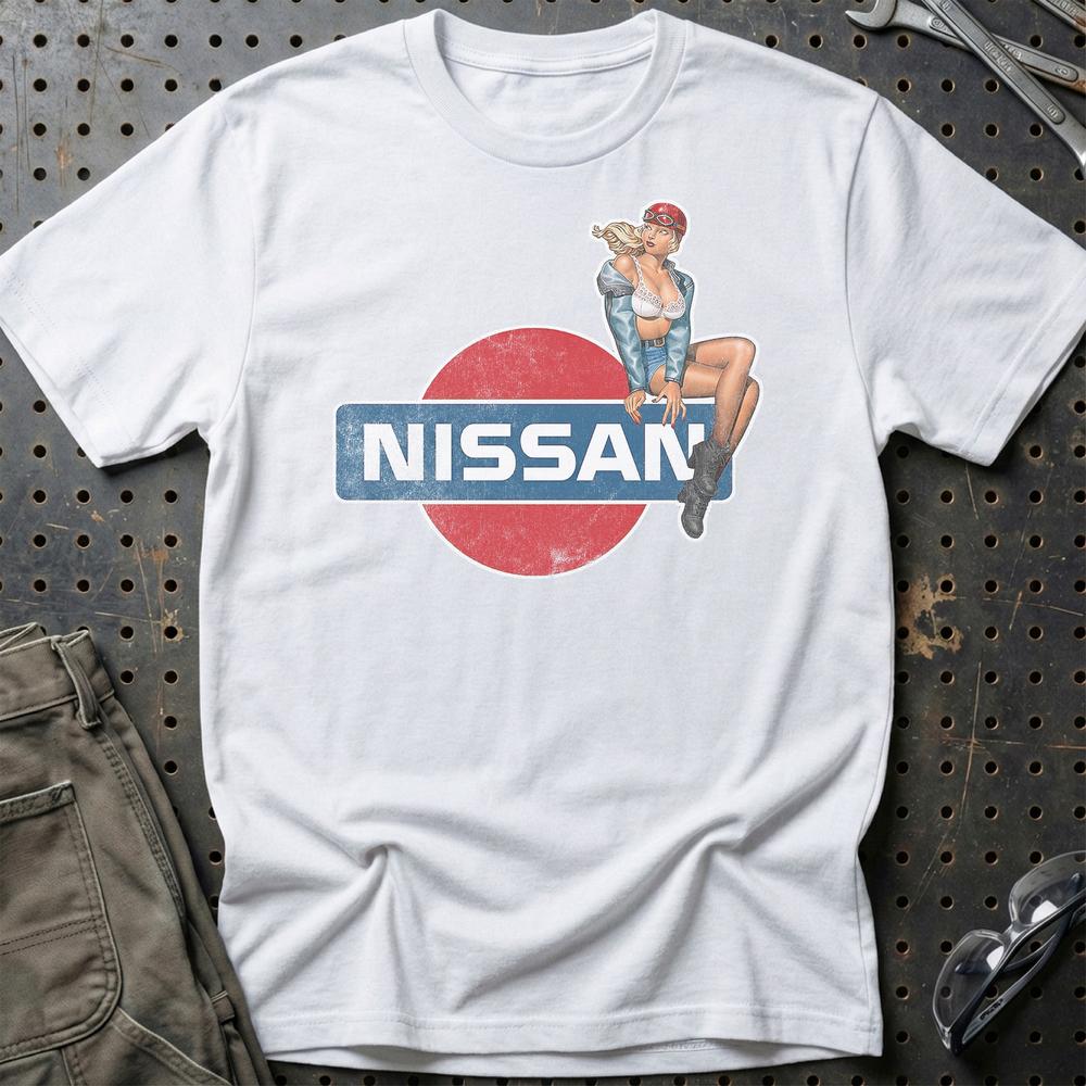 Nissan Pinup - Unisex T-Shirt , Bomuld-Beklædning-Nissan-Hvid-S-Garage Culture Shop- garage - man cave - merchandise