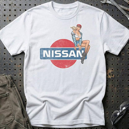 Nissan Pinup - Unisex T-Shirt , Bomuld-Beklædning-Nissan-Hvid-S-Garage Culture Shop- garage - man cave - merchandise