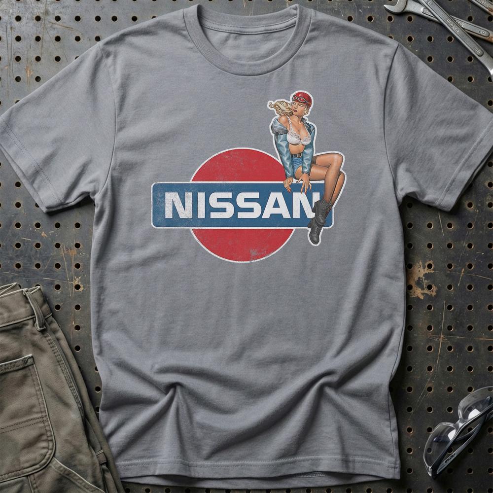 Nissan Pinup - Unisex T-Shirt , Bomuld-Beklædning-Nissan-Grå Sport-S-Garage Culture Shop- garage - man cave - merchandise