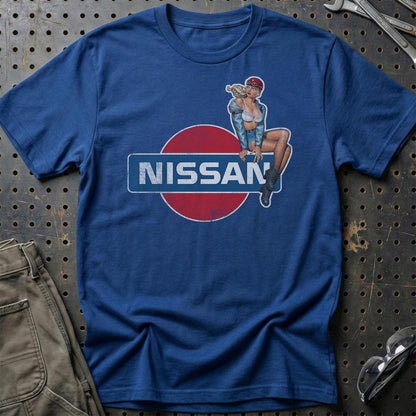 Nissan Pinup - Unisex T-Shirt , Bomuld-Beklædning-Nissan-Blå Royal-S-Garage Culture Shop- garage - man cave - merchandise