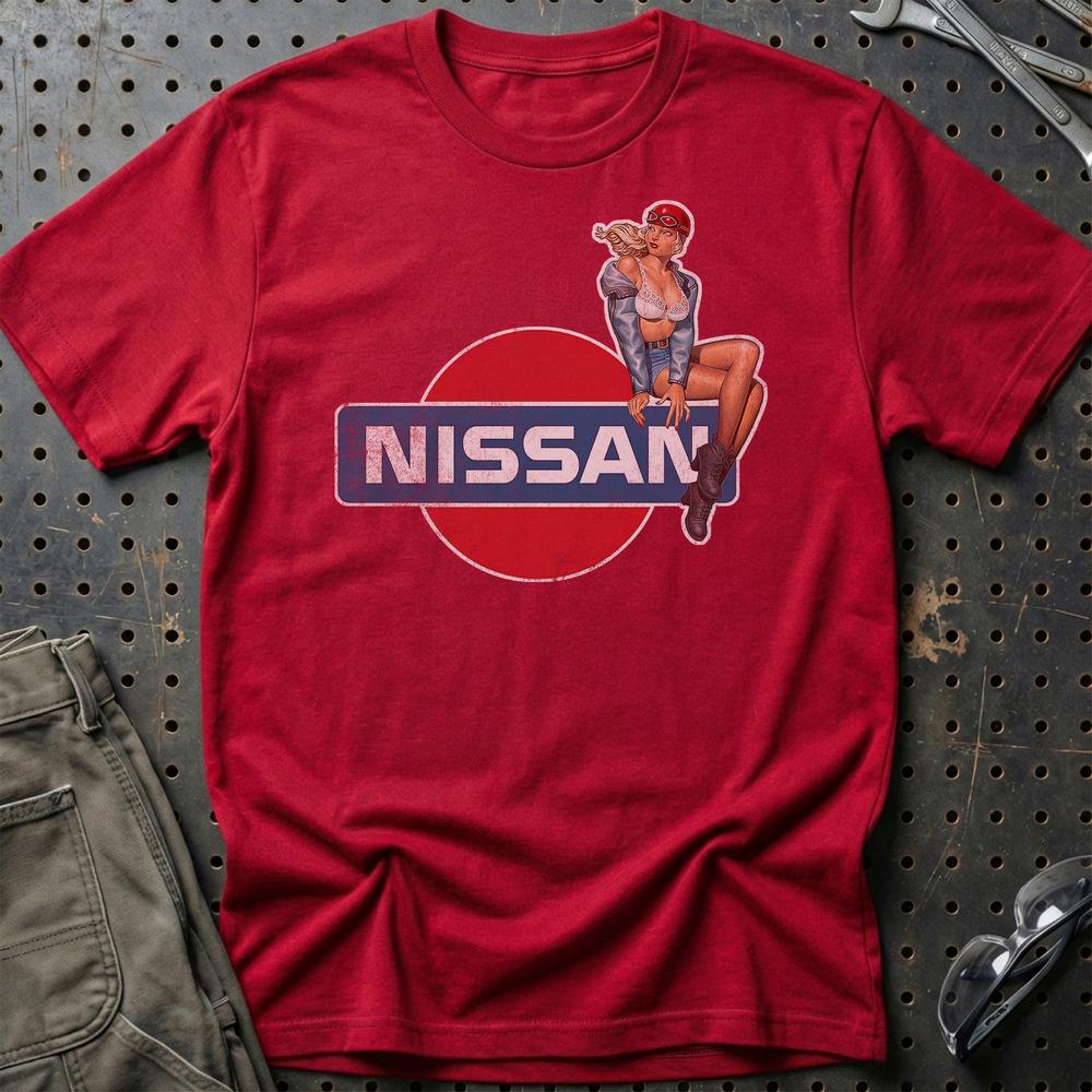 Nissan Pinup - Unisex T-Shirt , Bomuld-Beklædning-Nissan-Rød-S-Garage Culture Shop- garage - man cave - merchandise