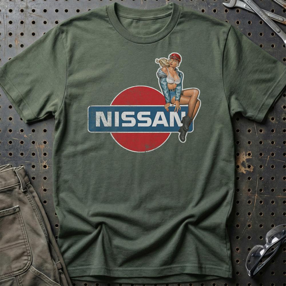 Nissan Pinup - Unisex T-Shirt , Bomuld-Beklædning-Nissan-Grøn Militær-S-Garage Culture Shop- garage - man cave - merchandise