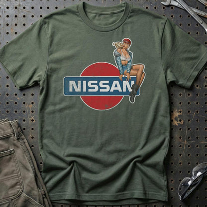 Nissan Pinup - Unisex T-Shirt , Bomuld-Beklædning-Nissan-Grøn Militær-S-Garage Culture Shop- garage - man cave - merchandise