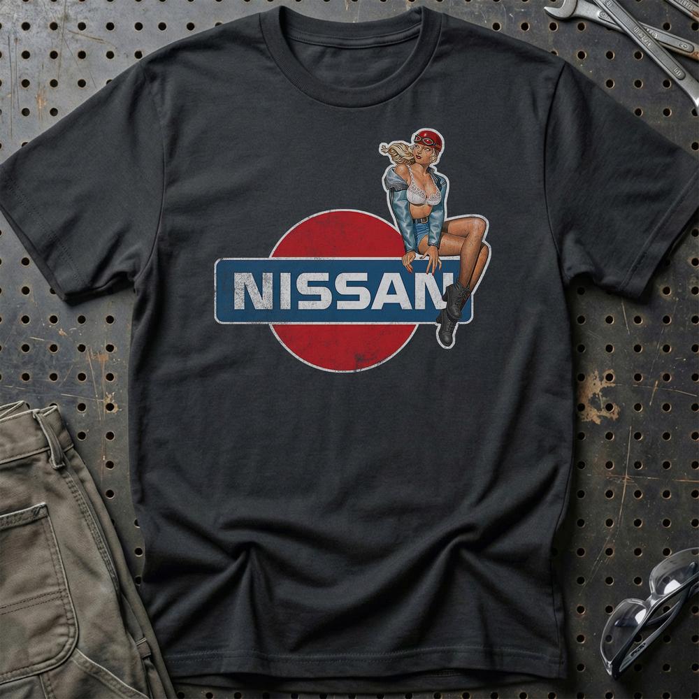 Nissan Pinup - Unisex T-Shirt , Bomuld-Beklædning-Nissan-Sort-S-Garage Culture Shop- garage - man cave - merchandise