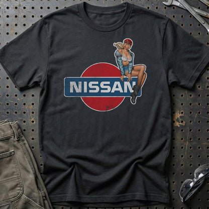 Nissan Pinup - Unisex T-Shirt , Bomuld-Beklædning-Nissan-Sort-S-Garage Culture Shop- garage - man cave - merchandise