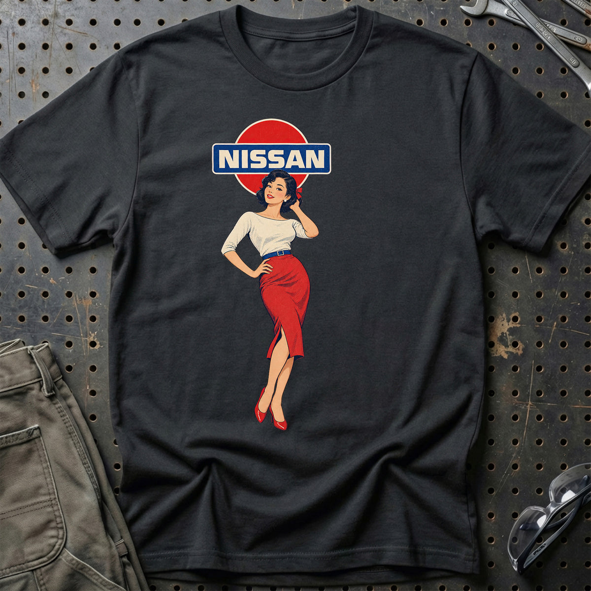 Nissan Retro Pinup T-Shirt-Beklædning-Nissan-Sort-S-Garage Culture Shop- garage - man cave - merchandise