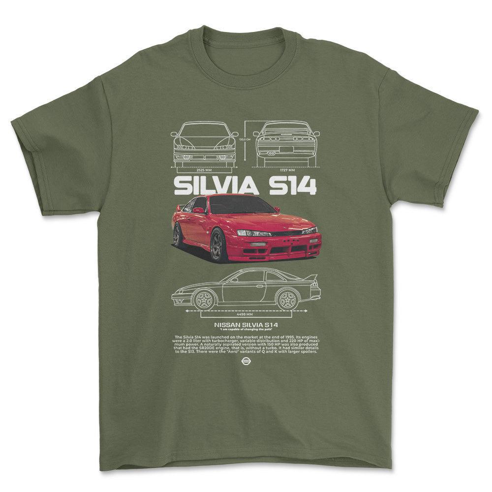 Nissan S14 Silvia - Unisex T-Shirt-Beklædning-Nissan-Grøn Militær-S-Forside-Garage Culture Shop- garage - man cave - merchandise