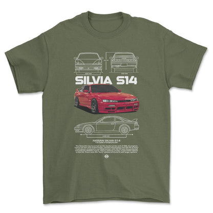 Nissan S14 Silvia - Unisex T-Shirt-Beklædning-Nissan-Grøn Militær-S-Forside-Garage Culture Shop- garage - man cave - merchandise