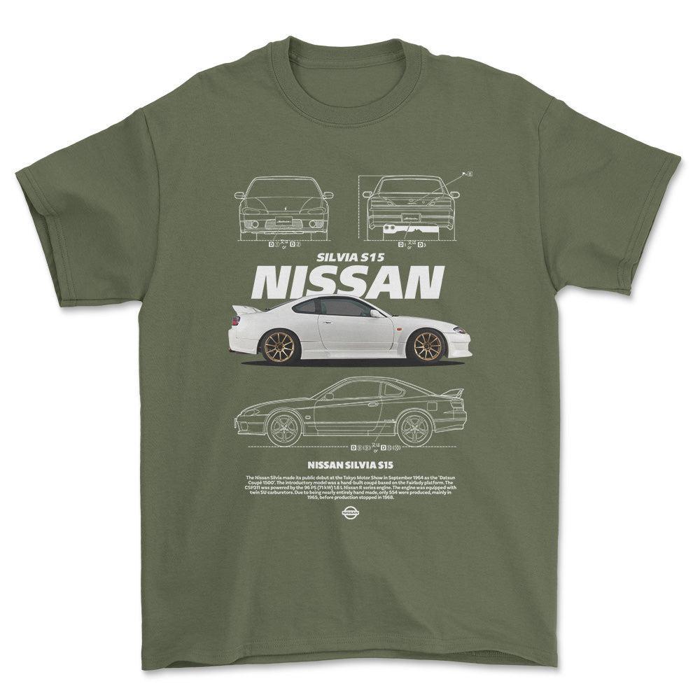 Nissan S15 Silvia - Unisex T-Shirt-Beklædning-Nissan-Grøn Militær-S-Forside-Garage Culture Shop- garage - man cave - merchandise