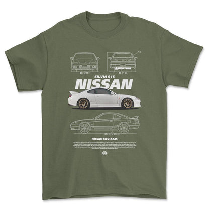 Nissan S15 Silvia - Unisex T-Shirt-Beklædning-Nissan-Grøn Militær-S-Forside-Garage Culture Shop- garage - man cave - merchandise