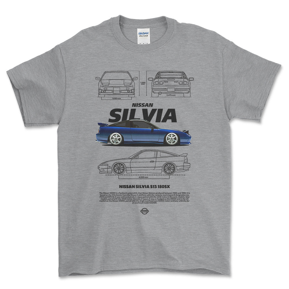 Nissan Silvia S13 - Unisex T-Shirt , Bomuld-Beklædning-Nissan-Grå Sport-S-Forside-Garage Culture Shop- garage - man cave - merchandise