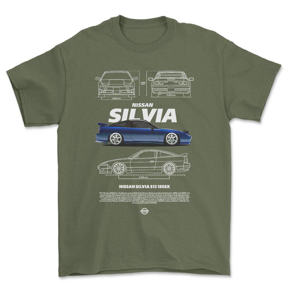 Nissan Silvia S13 - Unisex T-Shirt , Bomuld-Beklædning-Nissan-Grøn Militær-S-Forside-Garage Culture Shop- garage - man cave - merchandise