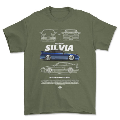 Nissan Silvia S13 - Unisex T-Shirt , Bomuld-Beklædning-Nissan-Grøn Militær-S-Forside-Garage Culture Shop- garage - man cave - merchandise