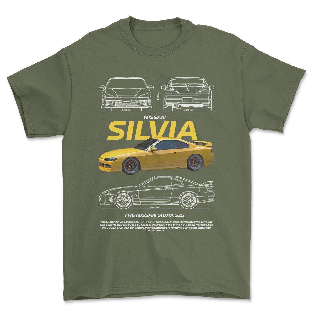 Nissan Silvia S15 - Unisex T-Shirt , Bomuld-Beklædning-Nissan-Grøn Militær-S-Forside-Garage Culture Shop- garage - man cave - merchandise