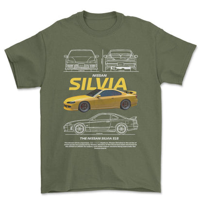 Nissan Silvia S15 - Unisex T-Shirt , Bomuld-Beklædning-Nissan-Grøn Militær-S-Forside-Garage Culture Shop- garage - man cave - merchandise