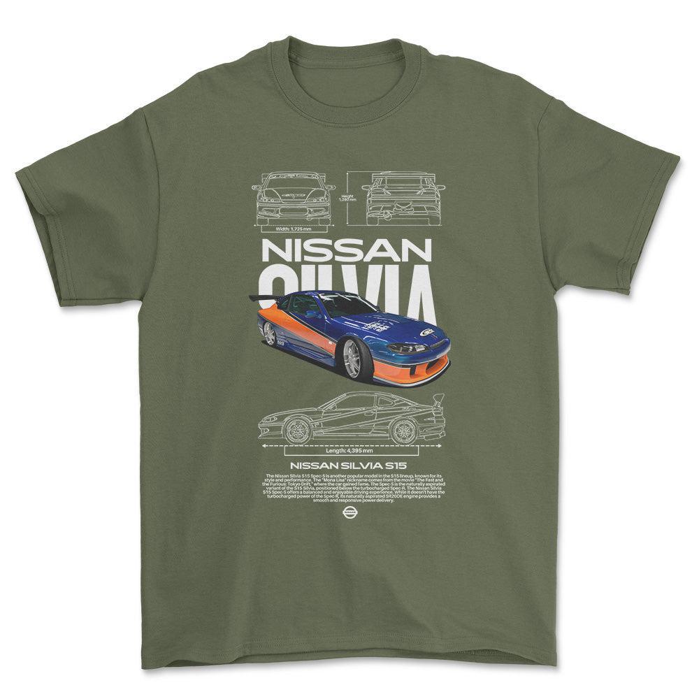 Nissan Silvia S15 - Unisex T-Shirt , Bomuld-Beklædning-Nissan-Grøn Militær-S-Forside-Garage Culture Shop- garage - man cave - merchandise