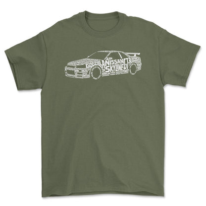 Nissan Skyline GT-R Old School Typography - Unisex T-Shirt-Beklædning-Nissan-Grøn Militær-S-Forside-Garage Culture Shop- garage - man cave - merchandise
