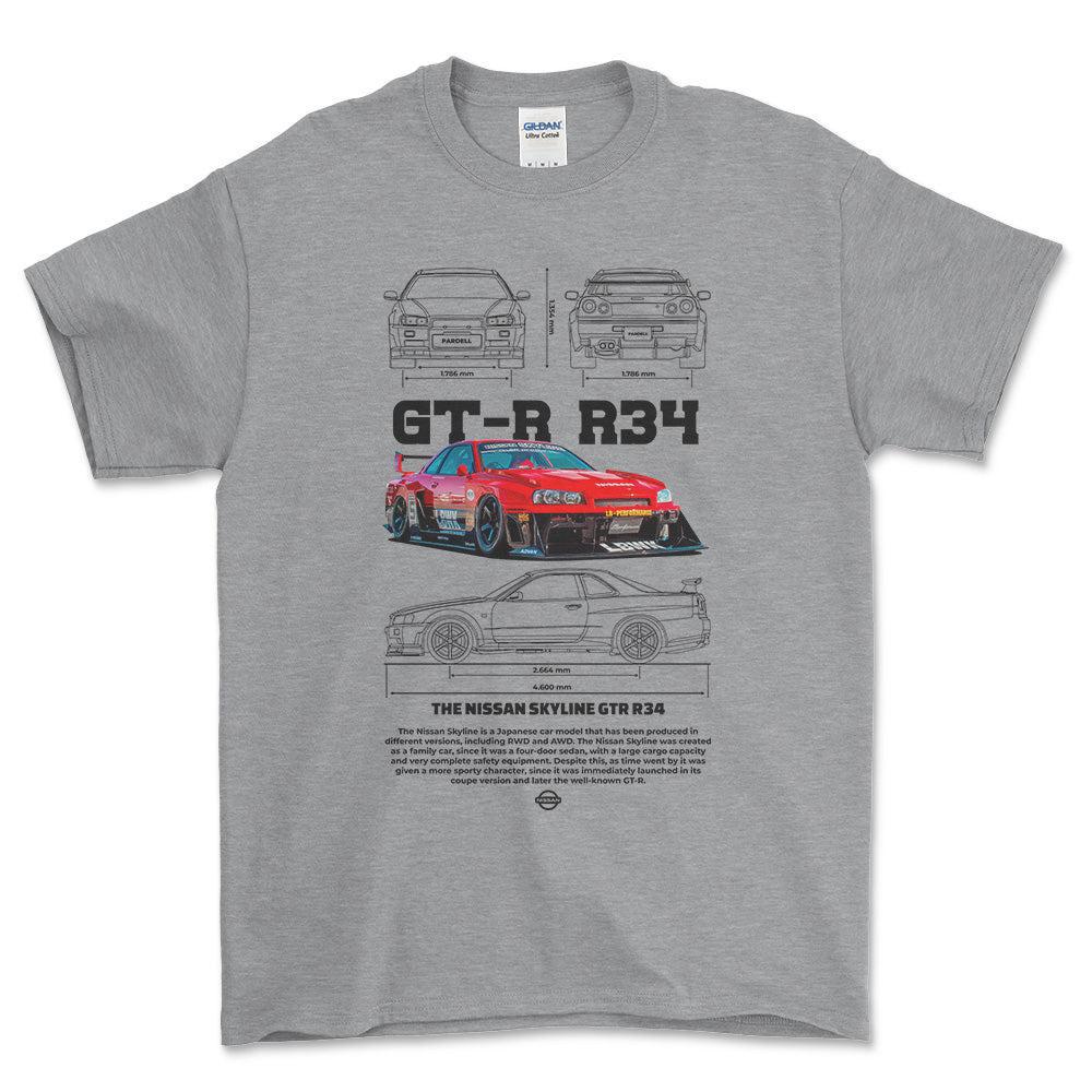Nissan Skyline GT-R R34 - Unisex T-Shirt , Bomuld-Beklædning-Nissan-Grå Sport-S-Forside-Garage Culture Shop- garage - man cave - merchandise