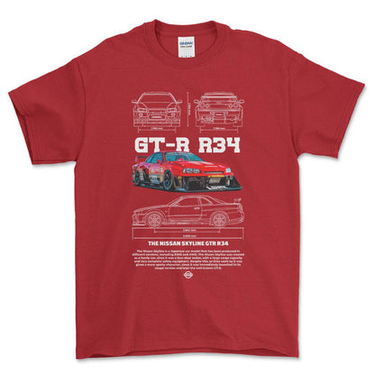 Nissan Skyline GT-R R34 - Unisex T-Shirt , Bomuld-Beklædning-Nissan-Rød-S-Forside-Garage Culture Shop- garage - man cave - merchandise
