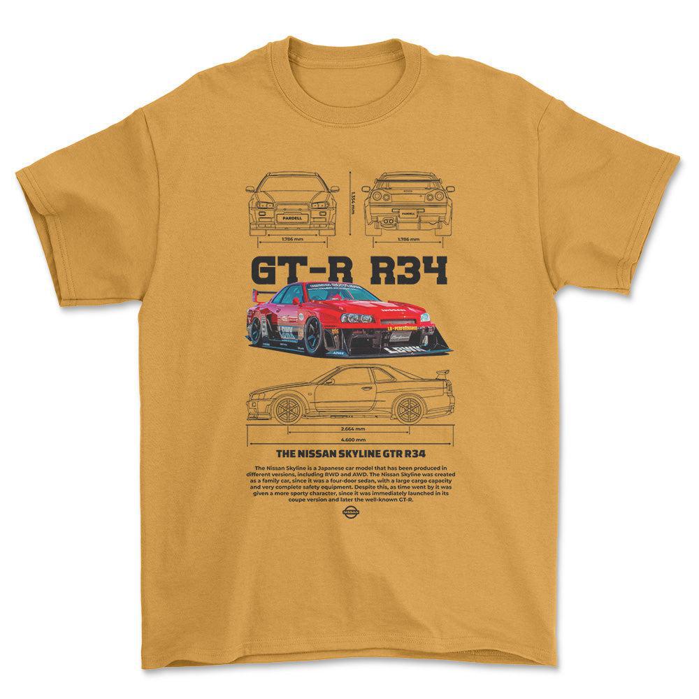 Nissan Skyline GT-R R34 - Unisex T-Shirt , Bomuld-Beklædning-Nissan-Guld-S-Forside-Garage Culture Shop- garage - man cave - merchandise