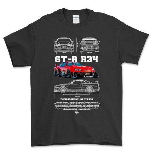 Nissan Skyline GT-R R34 - Unisex T-Shirt , Bomuld-Beklædning-Nissan-Sort-S-Forside-Garage Culture Shop- garage - man cave - merchandise