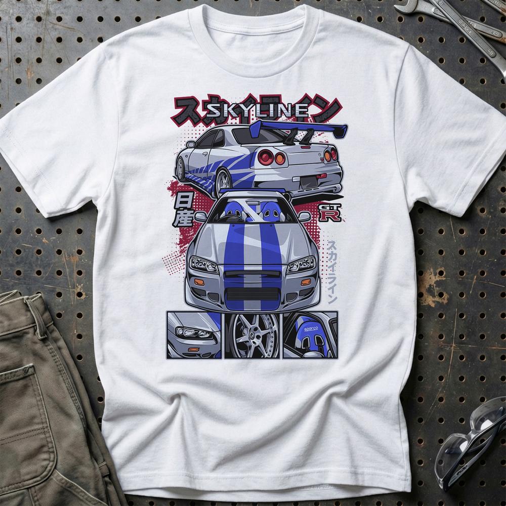 Nissan Skyline GTR R34 Fast And Furios Cars - Unisex T-Shirt-Beklædning-Nissan-Hvid-S-Garage Culture Shop- garage - man cave - merchandise