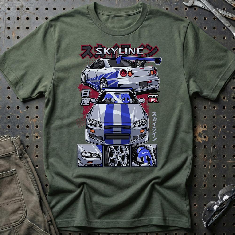 Nissan Skyline GTR R34 Fast And Furios Cars - Unisex T-Shirt-Beklædning-Nissan-Grøn Militær-S-Garage Culture Shop- garage - man cave - merchandise