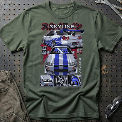 Nissan Skyline GTR R34 Fast And Furios Cars - Unisex T-Shirt-Beklædning-Nissan-Grøn Militær-S-Garage Culture Shop- garage - man cave - merchandise