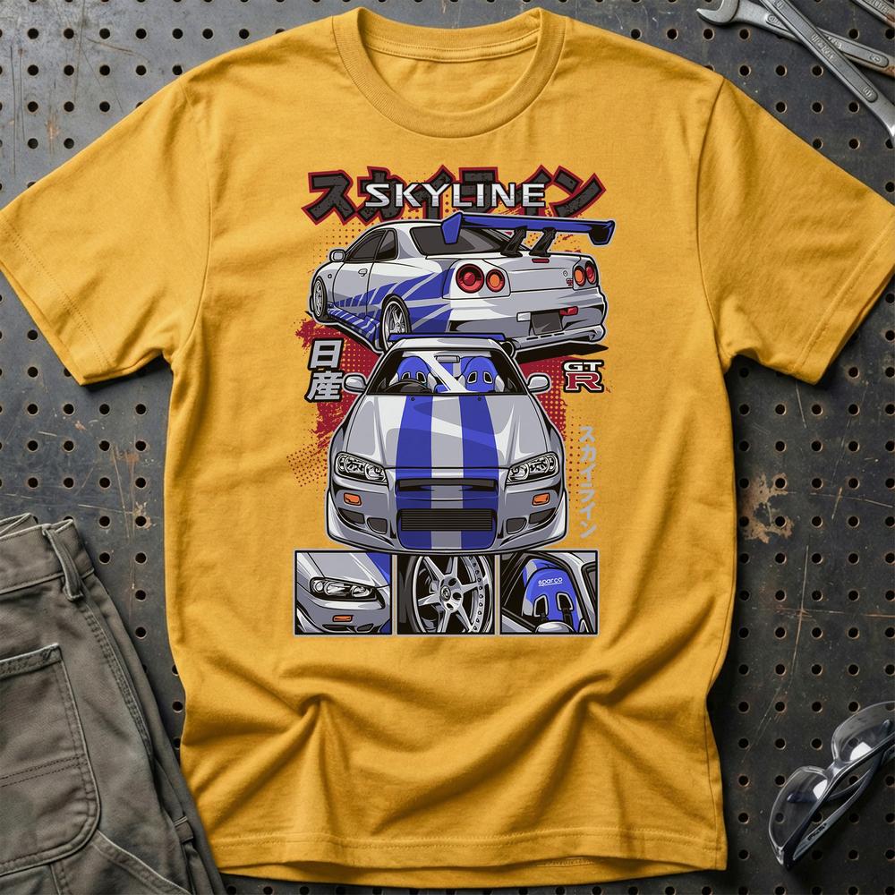 Nissan Skyline GTR R34 Fast And Furios Cars - Unisex T-Shirt-Beklædning-Nissan-Guld-S-Garage Culture Shop- garage - man cave - merchandise