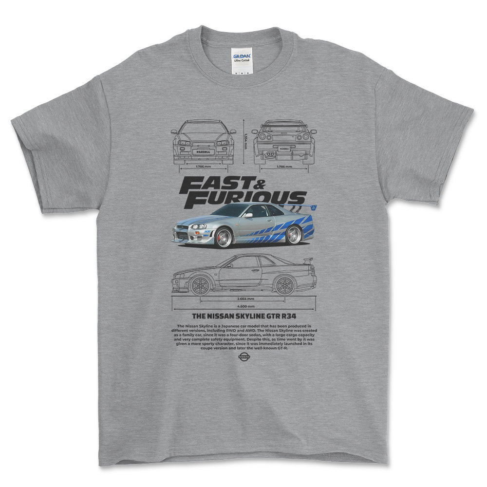 Nissan Skyline GTR R34 - Unisex T-Shirt , Bomuld-Beklædning-Nissan-Grå Sport-S-Forside-Garage Culture Shop- garage - man cave - merchandise