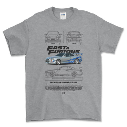 Nissan Skyline GTR R34 - Unisex T-Shirt , Bomuld-Beklædning-Nissan-Grå Sport-S-Forside-Garage Culture Shop- garage - man cave - merchandise