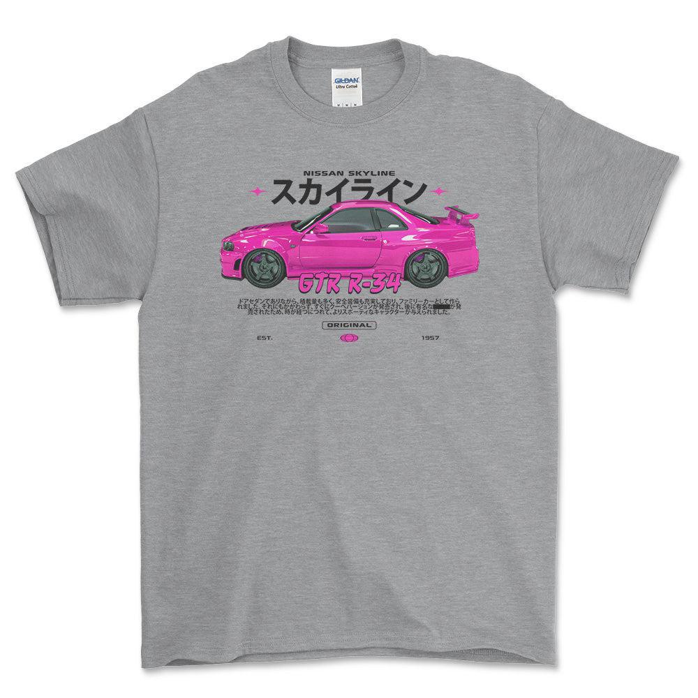 Nissan Skyline GTR R34 - Unisex T-Shirt , Bomuld-Beklædning-Nissan-Grå Sport-S-Forside-Garage Culture Shop- garage - man cave - merchandise