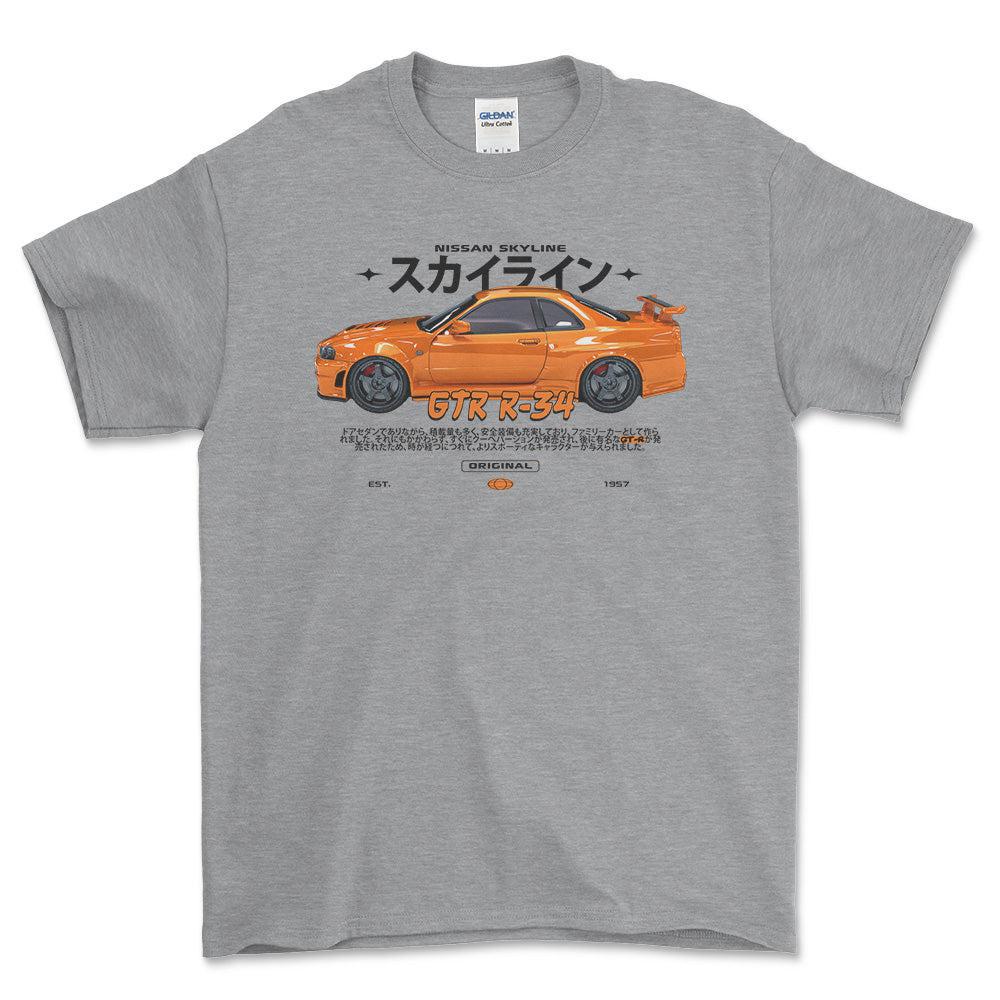 Nissan Skyline GTR R34 - Unisex T-Shirt , Bomuld-Beklædning-Nissan-Grå Sport-S-Forside-Garage Culture Shop- garage - man cave - merchandise