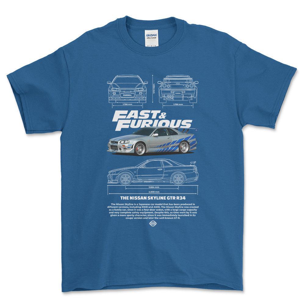 Nissan Skyline GTR R34 - Unisex T-Shirt , Bomuld-Beklædning-Nissan-Blå Royal-S-Forside-Garage Culture Shop- garage - man cave - merchandise
