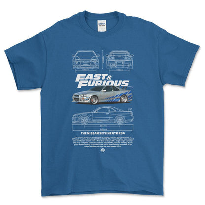 Nissan Skyline GTR R34 - Unisex T-Shirt , Bomuld-Beklædning-Nissan-Blå Royal-S-Forside-Garage Culture Shop- garage - man cave - merchandise