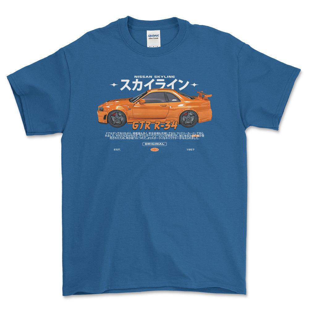 Nissan Skyline GTR R34 - Unisex T-Shirt , Bomuld-Beklædning-Nissan-Blå Royal-S-Forside-Garage Culture Shop- garage - man cave - merchandise
