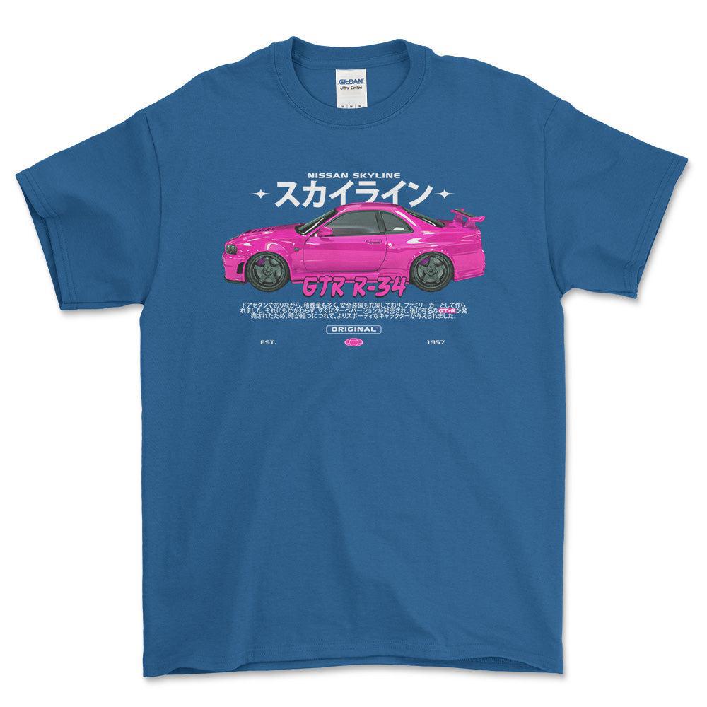 Nissan Skyline GTR R34 - Unisex T-Shirt , Bomuld-Beklædning-Nissan-Blå Royal-S-Forside-Garage Culture Shop- garage - man cave - merchandise