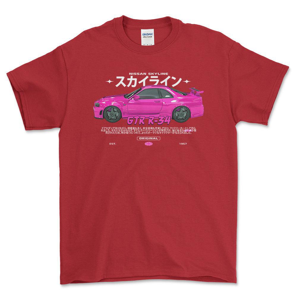 Nissan Skyline GTR R34 - Unisex T-Shirt , Bomuld-Beklædning-Nissan-Rød-S-Forside-Garage Culture Shop- garage - man cave - merchandise
